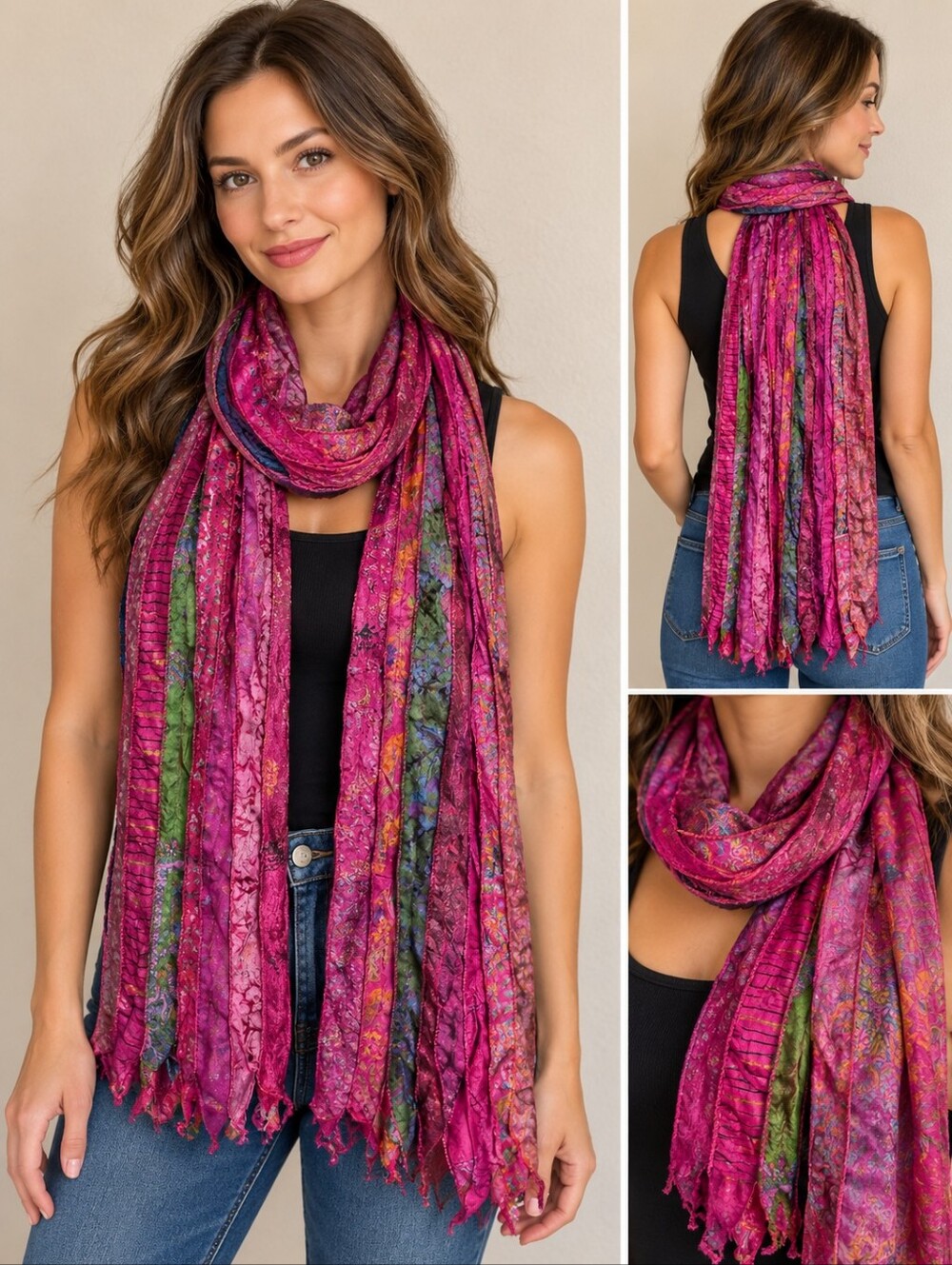 Silk Scarf 17" X 70" Patchwork Ribbon Bright Colorful Rainbow Pink Purple Unique
